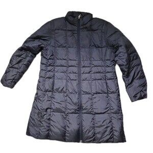 Lands' End  Down Puffer Coat Sz L Petite Black Long Quilted Zip Reversible EUC